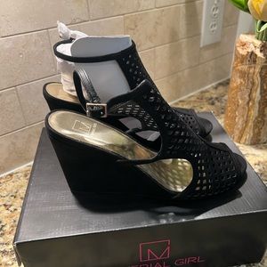 New in box black suede peep toe shooties